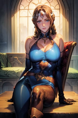 (masterpiece),illustration,
oda non,
gothic architecture,
looking at viewer,
cropped shoulders,
solo,smile,
upper body,sitting on chair,
looking at viewer,
long hair,circlet,brown hair,
default mirana, long hair, blue eyes, brown hair, circlet,
gloves, bare shoulders, boots, sleeveless, belt, pants, armor, brown footwear, black pants, knee boots, brown gloves,