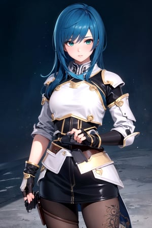 //Character, 1girl, solo,MariaTraitor_SO3, green eyes, long hair, blue hair, 
//Fashion, armor, fingerless gloves, pantyhose, handgun,
//Background, simple background, 
//Quality, (masterpiece), best quality, ultra-high resolution, ultra-high definition, highres, intricate, intricate details, absurdres, highly detailed, finely detailed, ultra-detailed, ultra-high texture quality, natural lighting, natural shadow, dramatic shading, dramatic lighting, vivid colour, perfect hands, perfect fingers, perfect anatomy, 
//Others, 