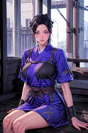 {best quality}, detail fingers,{{masterpiece}},illustration,portrait,solo,masterpiece,best quality,black hair,headband,japanese clothes,japanese armor,muneate,large_breast,incredibly absurdres,highres,high detail eyes,sitting,window,smile,indoors,bar,Samurai Warriors 5,
looking at viewer,