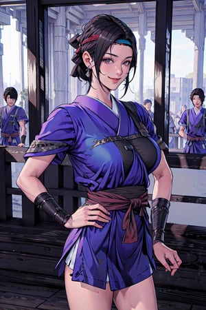 {best quality}, detail fingers,{{masterpiece}},illustration,portrait,solo,masterpiece,best quality,black hair,headband,japanese clothes,japanese armor,muneate,large_breast,incredibly absurdres,highres,high detail eyes,window,smile,indoors,bar,Samurai Warriors 5,
looking at viewer,
hand on hip,