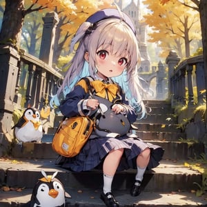 masterpiece,illustration,ray tracing,finely detailed,best detailed,Clear picture,intricate details,highlight,
anime,
gothic architecture,
looking at viewer,

nature,gothic architecture,bird,the lakeside in the heart of the forest,the staircase of the balcony,

NikkeRei,
1girl,loli,baby,long hair,hat,
yellow bow,yellow bag,
skirt,
NikkePenguin,Penguin,
sitting,