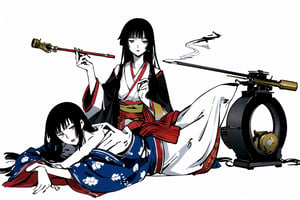 masterpiece, 1girl, oriental style, long hands,
(white background:1.5),
simple background,
mature female,
kimono,Holding a smoking pipe,
lying,masterpiece,
line anime,fujimotostyle,
Black and white comic style,