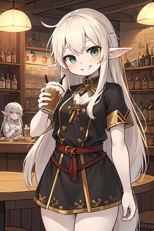 (masterpiece, best quality, highres:1.3), ultra resolution image, niji, sketch, manga, 1girl, upper body, holding_cup, beer, cafe, grin, very_long_hair, elf, pale_skin, pirates