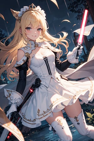 4k, high quality, masterpiece, beautiflul girl, (princess knight)++, blonde hair, white eyes, long sleeves, (holding lightsaber)++, rainy background, fantasy, impish grin, dutch angle, outside, nature, leaves in wind, white gloves, outdoors, not expression, wind+, thighhighs under boots, lace trim, ero, dress with slit, long hair, cool beauty, night background ,masterpiece