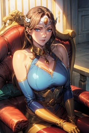 (masterpiece),illustration,
oda non,
gothic architecture,
looking at viewer,
cropped shoulders,
solo,smile,
upper body,sitting on chair,
looking at viewer,
long hair,circlet,brown hair,
default mirana, long hair, blue eyes, brown hair, circlet,
gloves, bare shoulders, boots, sleeveless, belt, pants, armor, brown footwear, black pants, knee boots, brown gloves,