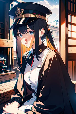 (masterpiece), best quality, high resolution, highly detailed, detailed background,

1girl,
white collared shirt,
black hair,very long hair,
onsen,black military cap,black coat,black cloak,
long sleeves,oval face,
solo,