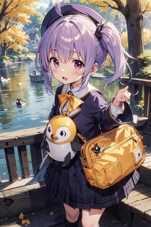 masterpiece,illustration,ray tracing,finely detailed,best detailed,Clear picture,intricate details,highlight,
anime,
gothic architecture,
looking at viewer,

nature,gothic architecture,bird,the lakeside in the heart of the forest,the staircase of the balcony,

NikkeRei,
1girl,loli,baby,long hair,hat,light purple hair,
yellow bow,yellow bag,skirt,upper body,
NikkePenguin,Penguin,