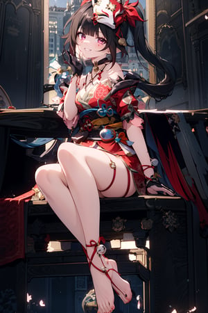 ((masterpiece,best quality)), 1girl, sparklehsr, mask on head, choker, single glove, bracelet, thigh strap, barefoot, crossed legs, from below, grin, wide-eyed, hand on own cheek, looking at viewer,masterpiece