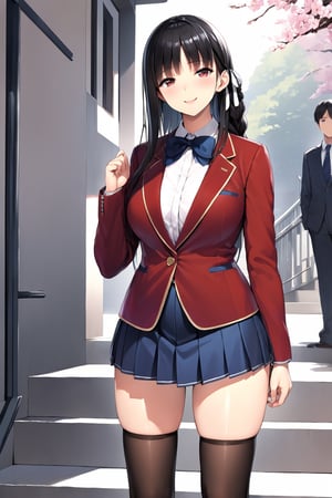 //Quality,
masterpiece, best quality, detailed
,//Character,
,HorikitaSuzune, 1girl, solo, long hair, black hair, shiny hair, red eyes, bangs, braid
,//Fashion,
school uniform, red jacket, hair ribbon, white shirt, pleated skirt, thighhighs
,//Background,
Cherry blossoms, school gate, the staircase of the balcony,

,//Others,
graduation, smile,mature female