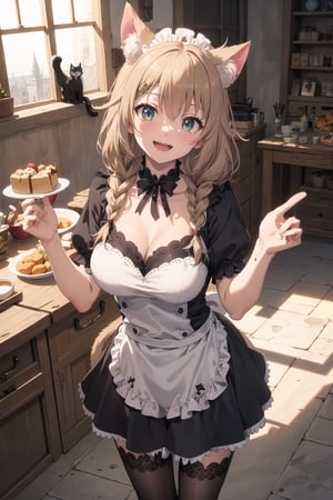 (masterpiece),illustration,8k,ray tracing,finely detailed,best detailed,Clear picture,highlight,

matrue female,milf,
tsurime eyes,
oval face,

gothic architecture,
looking at viewer,

maid outfit,
Mireiyu, cat ear, :D, neckline, smile, open mouth,
neckline, braid,
