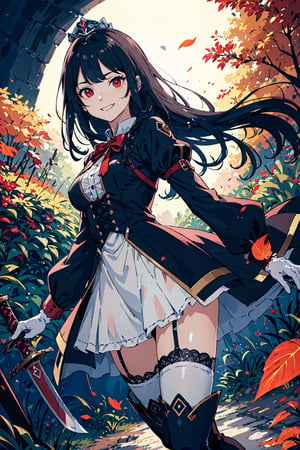 4k, high quality, masterpiece, beautiflu girl, (princess knight)++, black hair, red eyes, long sleeves, (holding western sword)++, rainny background, fantasy, impish grin, dutch angle, outside, nature, leaves in wind, white gloves, outdoors, not expression, wind+, thighhighs under boots, lace trim, ero, dress with slit, long hair, cool beauty, night background 