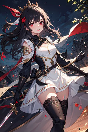 4k, high quality, masterpiece, beautiflu girl, (princess knight)++, black hair, red eyes, long sleeves, (holding western sword)++, rainny background, fantasy, impish grin, dutch angle, outside, nature, leaves in wind, white gloves, outdoors, not expression, wind+, thighhighs under boots, lace trim, ero, dress with slit, long hair, cool beauty, night background ,masterpiece