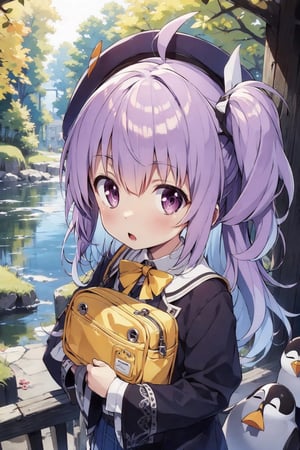 masterpiece,illustration,ray tracing,finely detailed,best detailed,Clear picture,intricate details,highlight,
anime,
gothic architecture,
looking at viewer,

nature,gothic architecture,bird,the lakeside in the heart of the forest,the staircase of the balcony,

NikkeRei,
1girl,loli,baby,long hair,hat,light purple hair,
yellow bow,yellow bag,skirt,upper body,
NikkePenguin,Penguin,