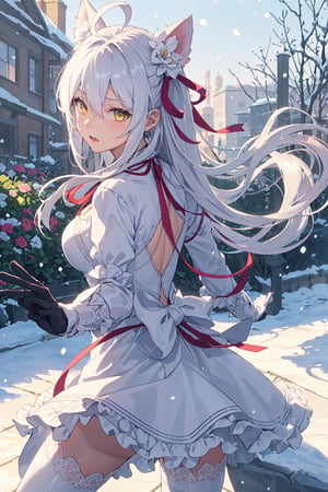 1girl, solo, fighting stance, from behind, garden, snowing, amber eyes, lace trim, frills, gloves, neck ribbon, hair ornament, very long hair, long hair, white hair, ahoge, boots, beautiful gown, long sleeves, hair between eyes, flower, hair ribbon, high quality, thighhighs, dress, ribbon, Medium breasts