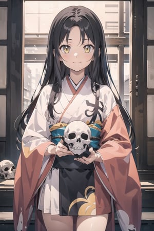 // define,
(masterpiece),illustration,8k,ray tracing,best detailed,Clear picture,highlight,

// character,
Kyoukotsu(daughter), black hair, long hair, wave hair,yellow eyes, cowboy shot,kimono,forehead,Grinning,
skull,holding skull,
bisyoujo, tsurime eyes,

// other,
cowboy shot, looking at viewer,

// background,
japan architecture,
looking at viewer,