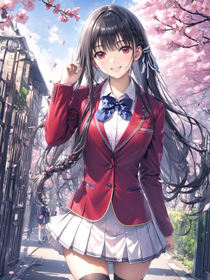 //Quality,
masterpiece, best quality, detailed
,//Character,
,HorikitaSuzune, 1girl, solo, long hair, black hair, shiny hair, red eyes, bangs, braid
,//Fashion,
school uniform, red jacket, hair ribbon, white shirt, pleated skirt, thighhighs
,//Background,
Cherry blossoms, school gate
,//Others,
graduation, smile