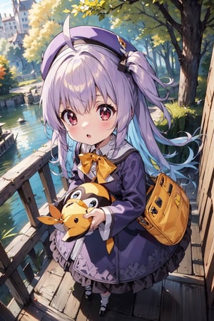 masterpiece,illustration,ray tracing,finely detailed,best detailed,Clear picture,intricate details,highlight,
anime,
gothic architecture,
looking at viewer,

nature,gothic architecture,bird,the lakeside in the heart of the forest,the staircase of the balcony,

NikkeRei,
1girl,loli,baby,long hair,hat,light purple hair,
yellow bow,yellow bag,skirt, upper body,
NikkePenguin,
from above,
sitting,