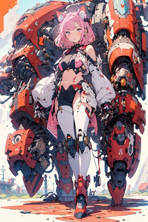 best quality,masterpiece,illustration,1girl,solo,full body,cat ear,Mecha,Blank background,Minor machinery,Mechanical leg,Pink hair,Pink tone,