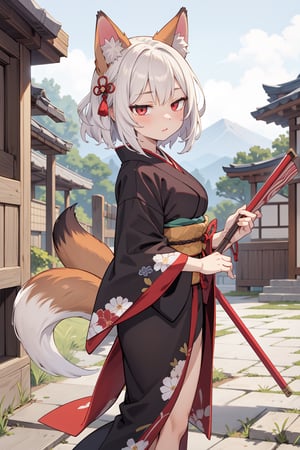 Woman with red fox ears and fox tail,  meid, in medieval japan, red eyes