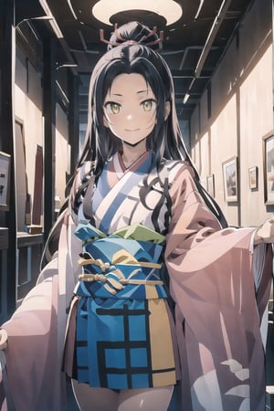// define,
(masterpiece),illustration,8k,ray tracing,best detailed,Clear picture,highlight,

// character,
Kyoukotsu's_daughter, black hair, long hair, wave hair,yellow eyes, cowboy shot,kimono,forehead,Grinning,
looking at viewer,
bisyoujo,lady,
tsurime eyes,
oval face,

// other,
cowboy shot,

// background,
japan architecture,
looking at viewer,
