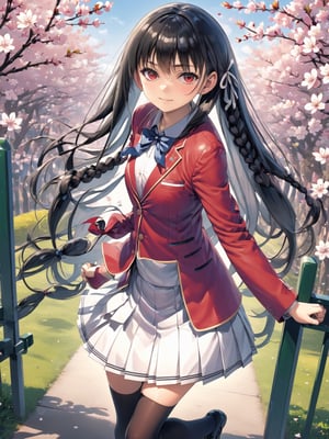 //Quality,
masterpiece, best quality, detailed
,//Character,
,HorikitaSuzune, 1girl, solo, long hair, black hair, shiny hair, red eyes, bangs, braid
,//Fashion,
school uniform, red jacket, hair ribbon, white shirt, pleated skirt, thighhighs
,//Background,
Cherry blossoms, school gate
,//Others,
graduation, smile