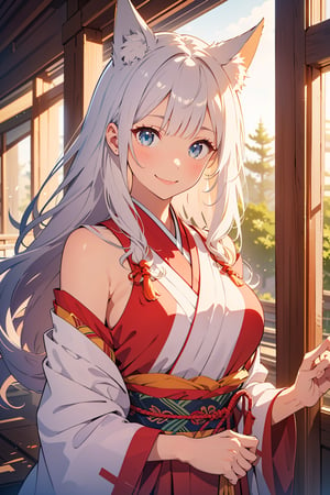 

(masterpiece),illustration,ray tracing,beautiful detailed,colourful,finely detailed,dramatic light,
medium breasts,
Miko outfit,red skrit,matrue female,oval face,blunt bangs,long hair,tassel,white hair,blue eye,smile,fox ear,
matrue female,milf,
bisyoujo,lady,
tsurime eyes,
japanese architecture,forest,sunlight,diffuse light,