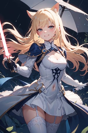 4k, high quality, masterpiece, beautiflul girl, (princess knight)++, blonde hair, white eyes, long sleeves, (holding lightsaber)++, rainy background, fantasy, impish grin, dutch angle, outside, nature, leaves in wind, white gloves, outdoors, not expression, wind+, thighhighs under boots, lace trim, ero, dress with slit, long hair, cool beauty, night background ,masterpiece