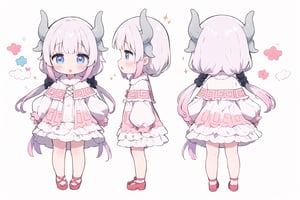 multiple views,simple background,white background,full body,

1girl, , kannakamui, dress, dragon horns, hands on own cheeks, :o, hair beads, low twintails, sparkle, ,Loli