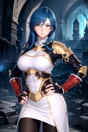//Character, 1girl, solo,MariaTraitor_SO3, green eyes, long hair, blue hair, mature female, milf,

//Fashion, armor, fingerless gloves, pantyhose, fantasy-style clothes,

//Background, simple background, 

//Quality, (masterpiece), best quality, ultra-high resolution, ultra-high definition, highres, intricate, intricate details, absurdres, highly detailed, finely detailed, ultra-detailed, ultra-high texture quality, natural lighting, natural shadow, dramatic lighting, vivid colour, perfect hands, perfect fingers, perfect anatomy, 

//Others, gun,

//Pose, hand on hip, looking at viewer,