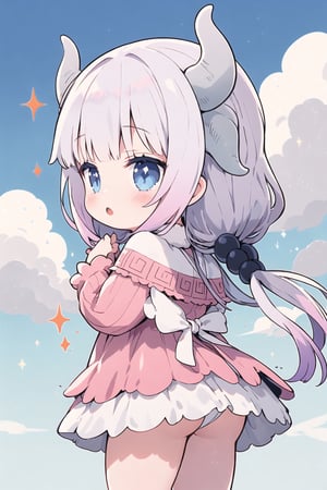 Masterpiece, best quality, blue sky, cloud trail, warm, looking away, kleedef, from behind,

1girl, , kannakamui, dress, dragon horns, hands on own cheeks, :o, hair beads, low twintails, sparkle, ,Loli