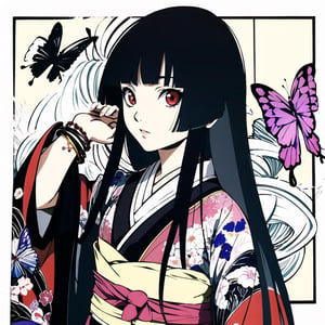 Enma Ai, 1girl, solo, japanese clothes, long hair, butterfly, bug, black hair, kimono, hime cut, bangs, bracelet, blunt bangs, jewelry, black kimono, red eyes,  ,line anime