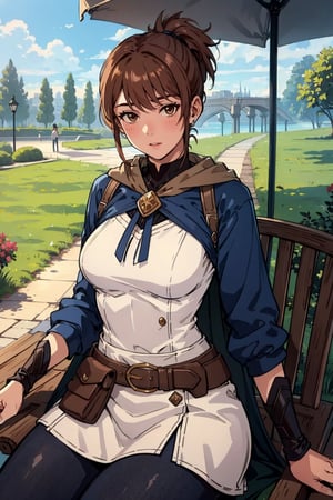 (masterpiece, best quality, ultra-detailed, 8K),High detailed, blush,slim waist,thic hips,pink lips,
dotamarci,marci,
bangs,brown hair,(brown eyes:1.5) ponytail,short ponytail, belt, cape, armor, cloak, pouch, brown belt, belt pouch, looking at viewer,outdoors,
satchel,
sitting on chair,best quality