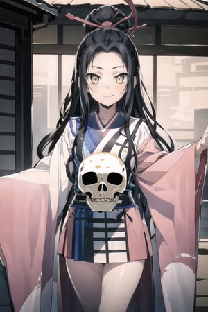 // define,
(masterpiece),illustration,8k,ray tracing,best detailed,Clear picture,highlight,

// character,
Kyoukotsu's_daughter, black hair, long hair, wave hair,yellow eyes, cowboy shot,kimono,forehead,Grinning,
looking at viewer,
skull,
bisyoujo,lady,
tsurime eyes,
oval face,

// other,
cowboy shot,

// background,
japan architecture,
looking at viewer,
