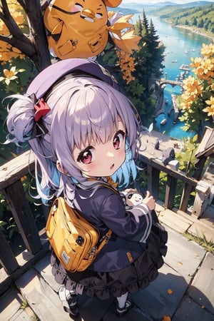 masterpiece,illustration,ray tracing,finely detailed,best detailed,Clear picture,intricate details,highlight,
anime,
gothic architecture,
looking at viewer,

nature,gothic architecture,bird,the lakeside in the heart of the forest,the staircase of the balcony,

NikkeRei,
1girl,loli,baby,long hair,hat,light purple hair,
yellow bow,yellow bag,skirt, upper body,
NikkePenguin,
from above,
sitting,