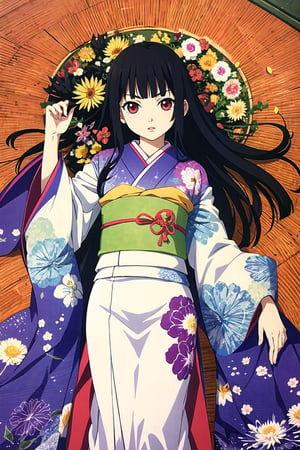 Enma Ai, 1girl, chrysanthemum, flower, solo, japanese clothes, long hair, kimono, yellow flower, butterfly, hair spread out, purple flower, sash, floral print, black hair, bug, red eyes, lying, obi, orange flower, bangs, on back, kikumon, spider lily, pink flower, colorful, red flower, blunt bangs, blue flower, looking at viewer, parted lips, butterfly print, print kimono, long sleeves, crane \(animal\), pale skin, wide sleeves, from above