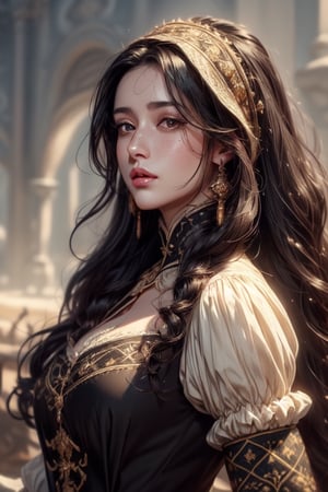1 photograph, detailed lips, portrait, 1 female, (black hair), long curly hair, black eyes, (beautiful face), peasant dress, commoner outfit, ((farm: background)),4k, masterpiece, (dynamic pose)),Detailed face, detailed eyes, soft colors, (high-resolution:1.2), headscarf, tavern outfit, poor outfit, soft freckles, chubby_female