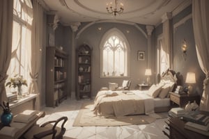 (tilt shift:1.2), cinematic scene, elven castle, elven style, luxurious elven castle, no human, inside, rich, marble floor, luxury, big room, more rich, more luxur, wrench_elven_arch, magic firefly, no humanoid, bed room, lady bedroom, luxurious bed, desk and chair 
 opened book on the desk