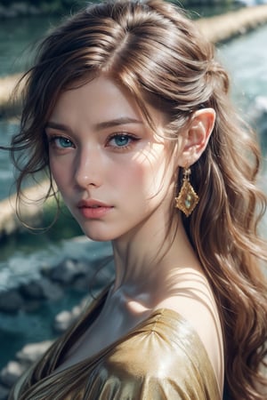 (Beauty photography:1.3), (honey - colored eyes:1.3), detailed skin texture, textured skin, visible skin detail, radiant skin, Bronze skin, green eyeshadow, juicy lips, Long Eyelashes. (To raise the chin:1.3),(overhead shot:1.5),(side shot:1.3)1 photograph, detailed lips, portrait, 1 female, (black hair), black eyes, golden noble dress, noble outfit (( by the river background)), masterpiece, (dynamic pose)), Detailed face, detailed eyes, soft colors, (high-resolution:1.2), Fierce face, elf ears, soft light, elf_ears, elf, black-eyes, long ears