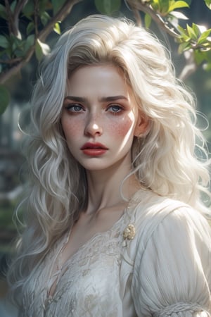 1 photograph, detailed lips, portrait, 1 female, (white hair), long curly hair, black eyes, peasant dress, commoner outfit, ((small orchard: background)),4k, masterpiece, (dynamic pose)),Detailed face, detailed eyes, soft colors, (high-resolution:1.2), headscarf, poor outfit, freckles, l tavern outfit, merchant outfit, white outfit, Fierce face, rage, angry, anger, gmilf, old woman, older, old, skinny, face_wrinkles, wrinkles, mlif, old age, 70 years old