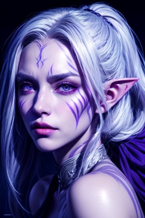 1 photograph, detailed lips, portrait, 1 female, (white hair), light purple eyes, noble rogue outfit, ((underdark: background)), masterpiece, (dynamic pose)),Detailed face, detailed eyes, soft colors, (high-resolution:1.2),Fierce face, grey skin, dark skin, drow, elf ears, dark purple skin, white tattoos