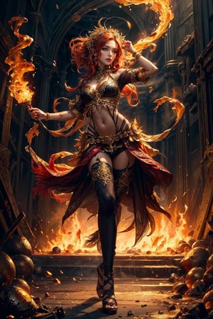 (masterpiece, top quality, best quality, official art, beautiful and aesthetic:1.2), (1girl:1.2), fire fairy, golden eyes, beautiful face, ((Transparent heavenly plumage)),extreme detailed, (shain gold hair:1.1), colorful, highest detailed, (splash_art:1.2), jewelry:1.4, black and golden wear, scenery, colorful_girl_v2, messy hair, red hair, red harem outfit, dancer, mouth veil,