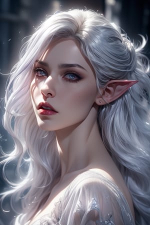 1 photograph, detailed lips, portrait, 1 female, (white hair), light purple eyes, peasant dress, rogue outfit, ((underdark: background)), masterpiece, (dynamic pose)),Detailed face, detailed eyes, soft colors, (high-resolution:1.2),Fierce face, rage, angry, grey skin, dark skin, drow, elf ears, dark purple skin