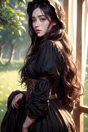 1 photograph, detailed lips, portrait, 1 female, (black hair), long curly hair, black eyes, (beautiful face), peasant dress, commoner outfit, ((small orchard: background)),4k, masterpiece, (dynamic pose)),Detailed face, detailed eyes, soft colors, (high-resolution:1.2), headscarf, poor outfit, soft freckles, chubby_female, no accessory, chubby, chubby face, tavern outfit, merchant outfit, angry face