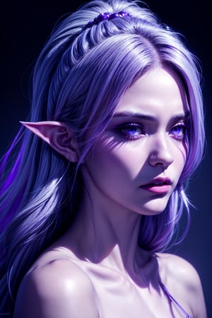 (Beauty photography:1.3), (purple - colored eyes:1.3), detailed skin texture, textured skin, visible skin detail, radiant skin, grey skin, juicy lips, Long Eyelashes, 1 photograph, detailed lips, portrait, 1 female, (white hair), purple eyes, noble rogue outfit, ((underdark: background)), masterpiece, (dynamic pose)),Detailed face, detailed eyes, soft colors, (high-resolution:1.2),Fierce face, grey skin, dark skin, drow, elf ears, dark purple skin, 