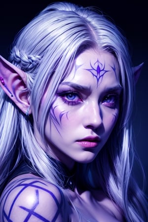 1 photograph, detailed lips, portrait, 1 female, (white hair), light purple eyes, noble rogue outfit, ((underdark: background)), masterpiece, (dynamic pose)),Detailed face, detailed eyes, soft colors, (high-resolution:1.2),Fierce face, grey skin, dark skin, drow, elf ears, dark purple skin, white tattoos, face tattoos