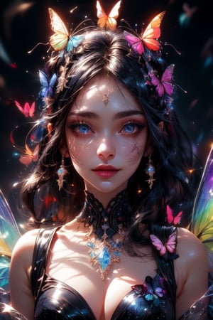 1 photograph,  detailed lips,  portrait,  1 female,  (dark blue hair), double buns hairstyle, navy eyes, sparkling eyes), (beautiful face), slightly smiling face, dark blue warlock outfit,  ((rainbow: background)), 4k,  masterpiece,  (dynamic pose)), Detailed face,  detailed eyes,  soft colors,  (high-resolution:1.2), yuzu detail, half body, cinematic lighting, High detailed, fairy wings, High detailed, butterfly wings,High detailed ,Color magic, music notes, Saturated colors