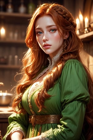 1 photograph, detailed lips, portrait, 1 female, (ginger hair), longhair, green eyes, (beautiful face), peasant dress, commoner outfit, ((tavern kitchen: background)),4k, masterpiece, (dynamic pose)),Detailed face, detailed eyes, soft colors, (high-resolution:1.2), twin_braid