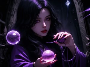 A mysterious and alluring wizard, with ebony hair, purple snake eyes, conjuring mysterious purple spells in a chamber, cinematic movement, holding a magical orb in hand, Detailedface