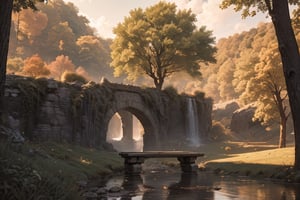 masterpiece, best quality, aesthetic, oak forest, stream forest, Sky of Day, stone bench, no human, beautiful sunlight, soft breeze, landscape, scenery, late summer