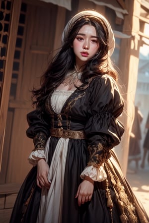 1 photograph, detailed lips, portrait, 1 female, (black hair), long curly hair, black eyes, (beautiful), peasant dress, commoner outfit, ((small orchard: background)),4k, masterpiece, (dynamic pose)),Detailed face, detailed eyes, soft colors, (high-resolution:1.2), headscarf, poor outfit, freckles, chubby_female, chubby, chubby face, tavern outfit, merchant outfit, white outfit, slighty_chubby, Fierce face, rage, angry, anger